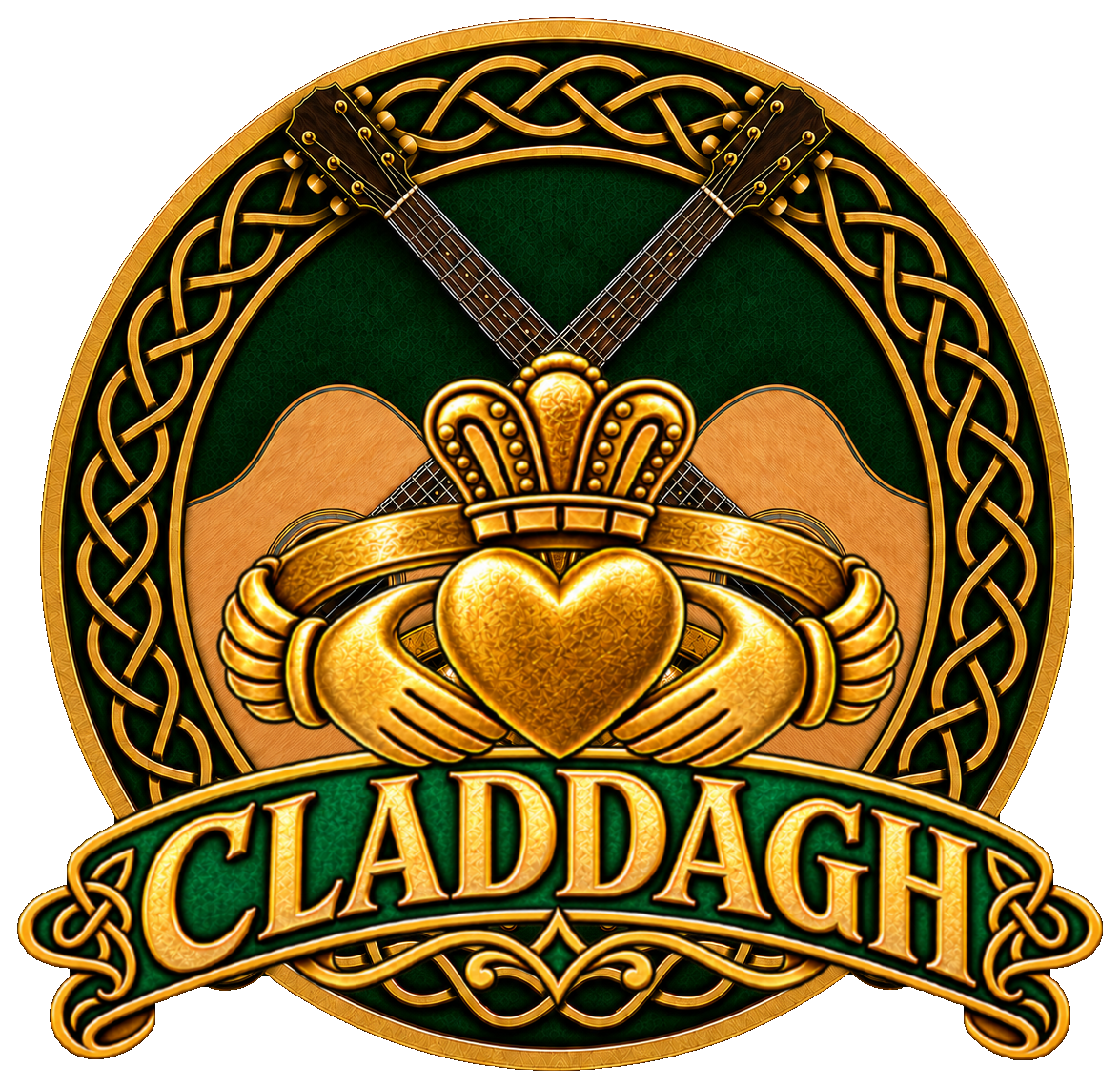 Claddagh gold and emerald Celtic badge with crossed acoustic guitars and a crowned heart ring